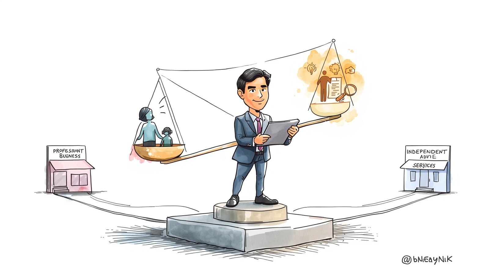 Malaysian comic-style illustration showing a consultant standing on a base, holding a balancing scale that clearly separates a bucket containing family figures and their business (left) from a bucket containing professional advice icons and his independent services (right).