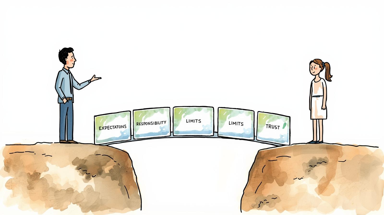 Watercolour sketch of a consultant and client connected by a bridge of "Expectations," "Responsibility," "Limits," and "Trust," symbolising the purpose of a disclaimer.