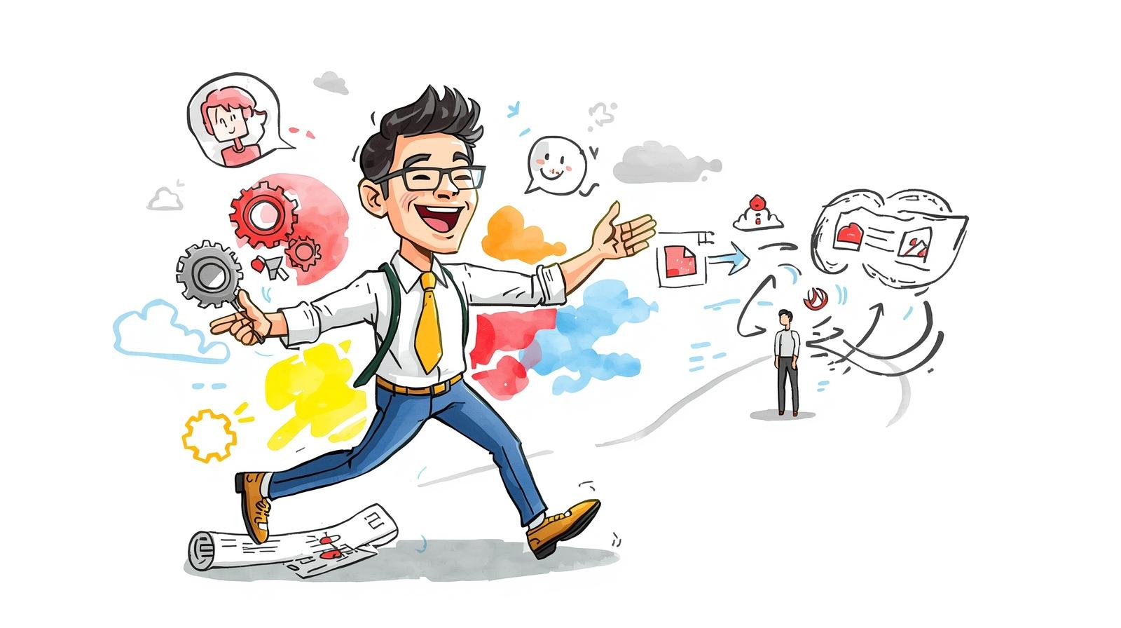 Dynamic Malaysian comic-style watercolour sketch showing a cheerful, multi-tasking consultant surrounded by digital icons, gears, and cloud data, symbolising agile, hands-on work.