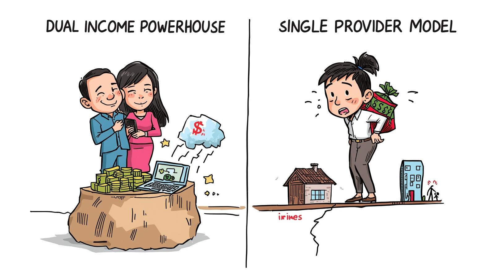 A colour sketch cartoon comparing the 'Dual Income Powerhouse,' a stable couple on a wide foundation with money, to the 'Single Provider Model,' a stressed person balancing on a cracking plank with a heavy burden.