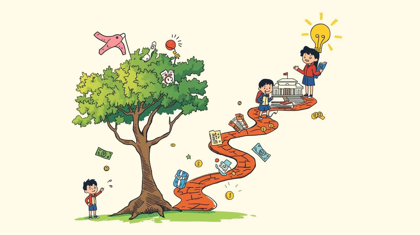 A colour sketch cartoon illustrating the education journey as a long, costly path, starting with a small child near a tree, leading past a university, and ending with a student holding a book with a bright lightbulb idea.