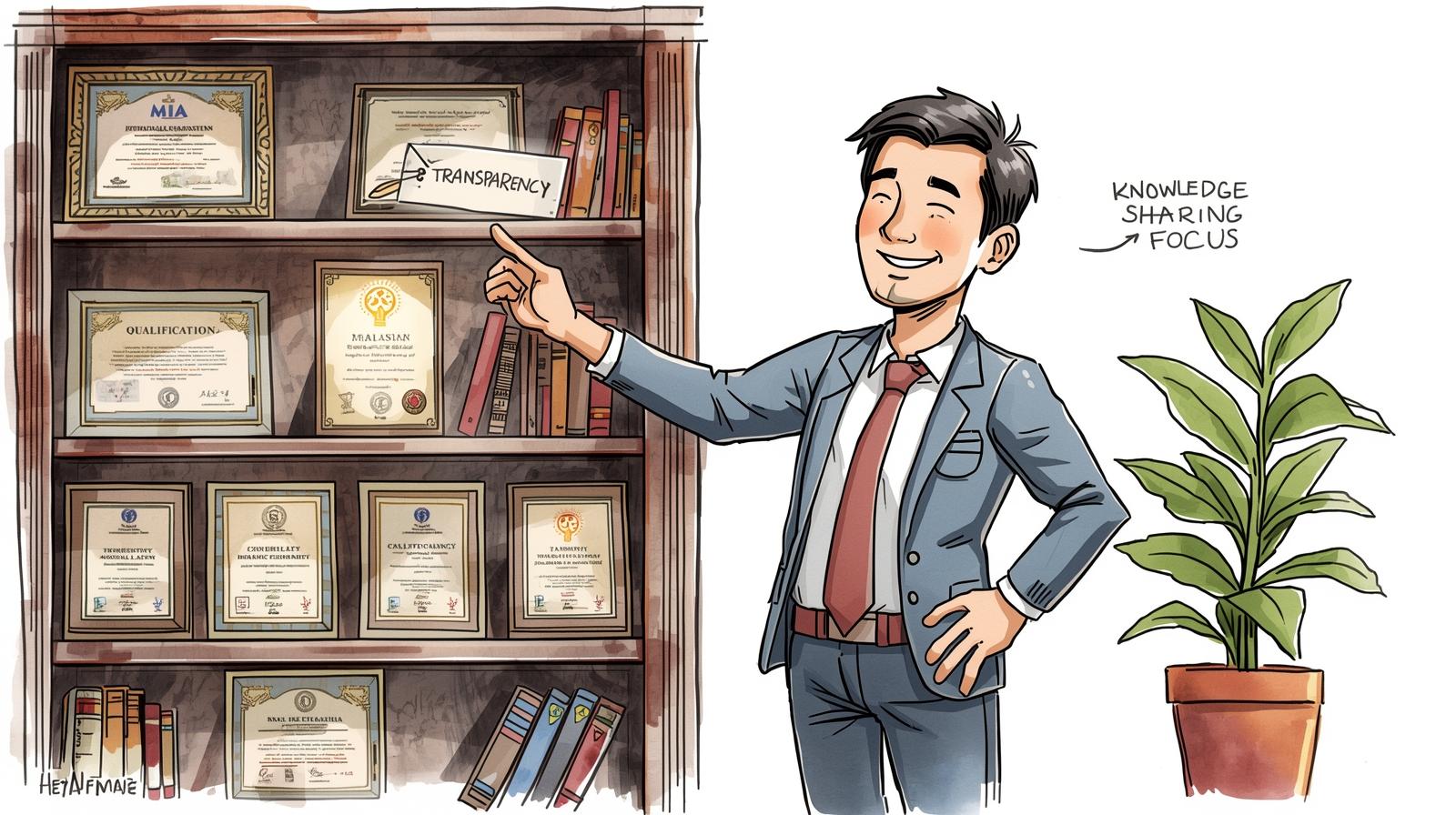 Malaysian comic-style illustration showing an honest professional acknowledging past qualifications on a bookshelf (some inactive) while smiling and highlighting the shift to an active Focus on Knowledge Sharing and full Transparency about credentials.