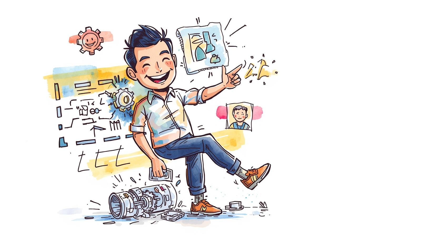 Dynamic Malaysian comic-style watercolour sketch showing a multi-tasking consultant surrounded by gears and digital icons, simplifying complex machinery into clear data.