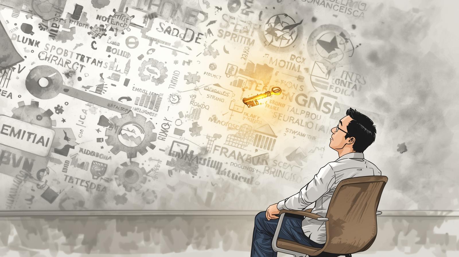 A Malaysian comic-style illustration of a man sitting in a chair, looking up at a cluttered wall of grey, indistinct information. A single golden key, brightly lit, stands out amongst the noise, representing a moment of clarity or a remembered insight.