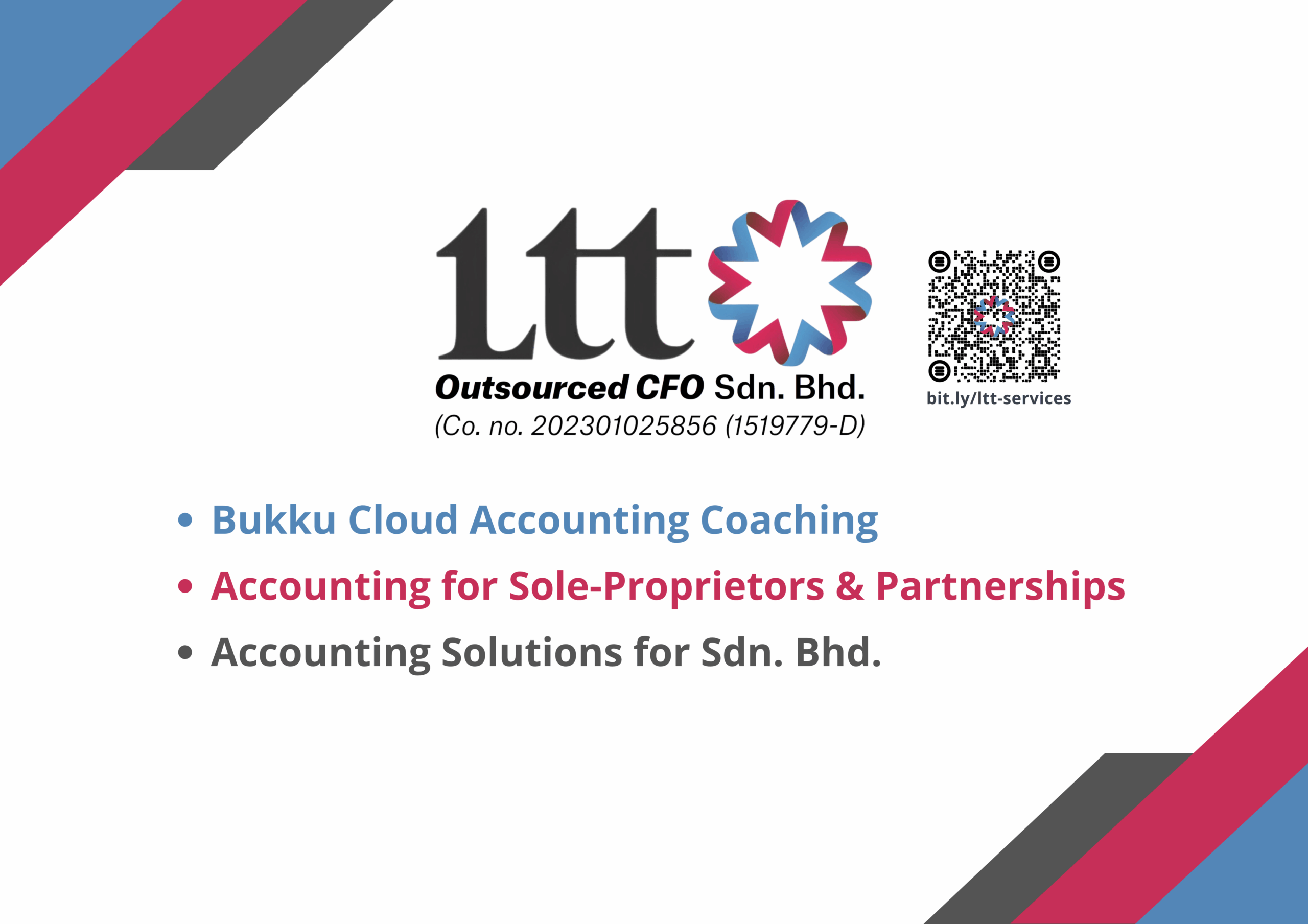 The back of the LTT Outsourced CFO Sdn. Bhd. business card, detailing the company's core services: Bukku Cloud Accounting Coaching, Accounting for Sole-Proprietors & Partnerships, and Accounting Solutions for Sdn. Bhd. It also includes the company logo, registration number, and a QR code for ltt-services.