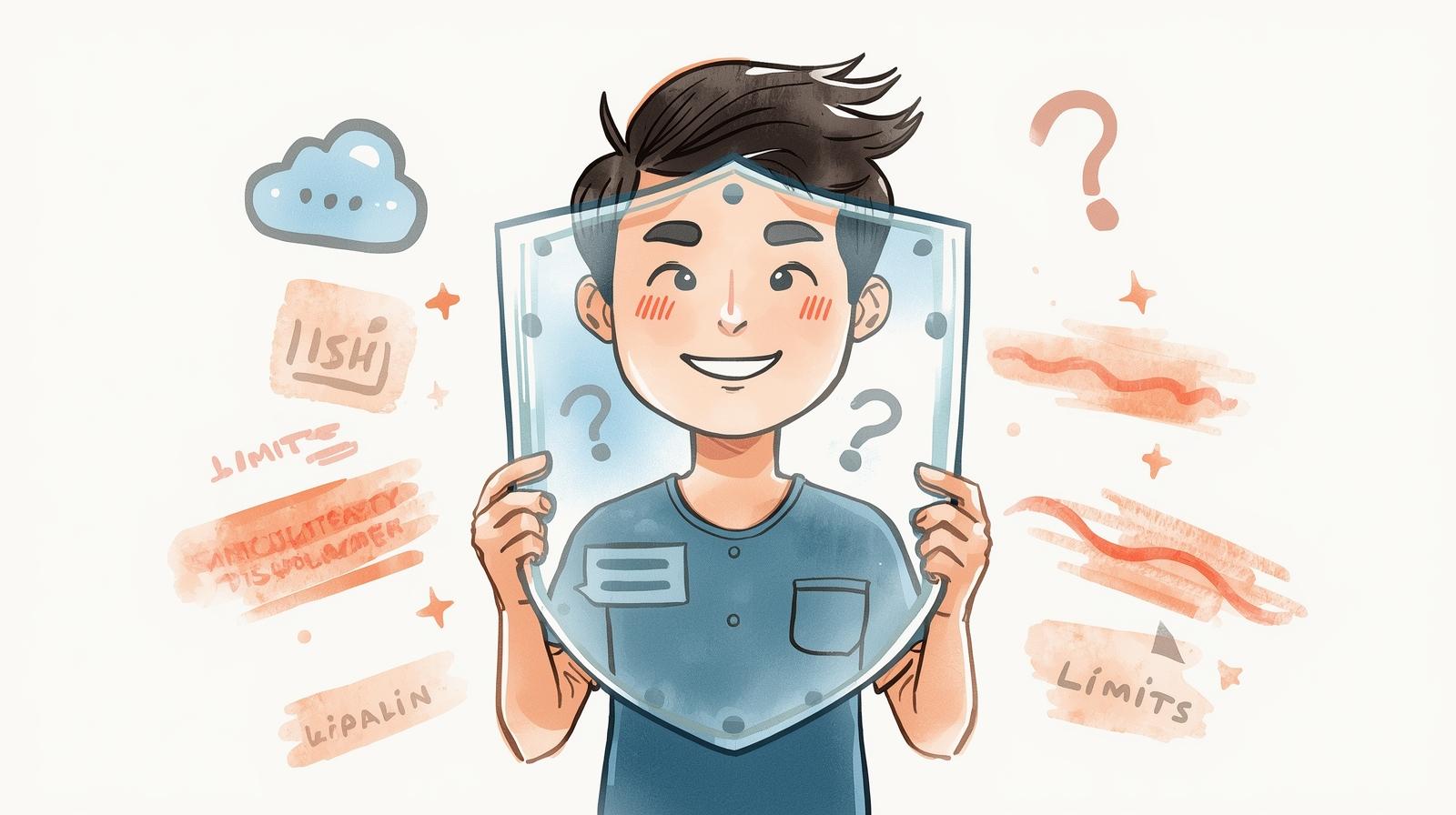 Watercolour sketch of a smiling Malaysian consultant holding a clear, protective shield, emphasising the limits and legal disclaimer of liability for general advice.