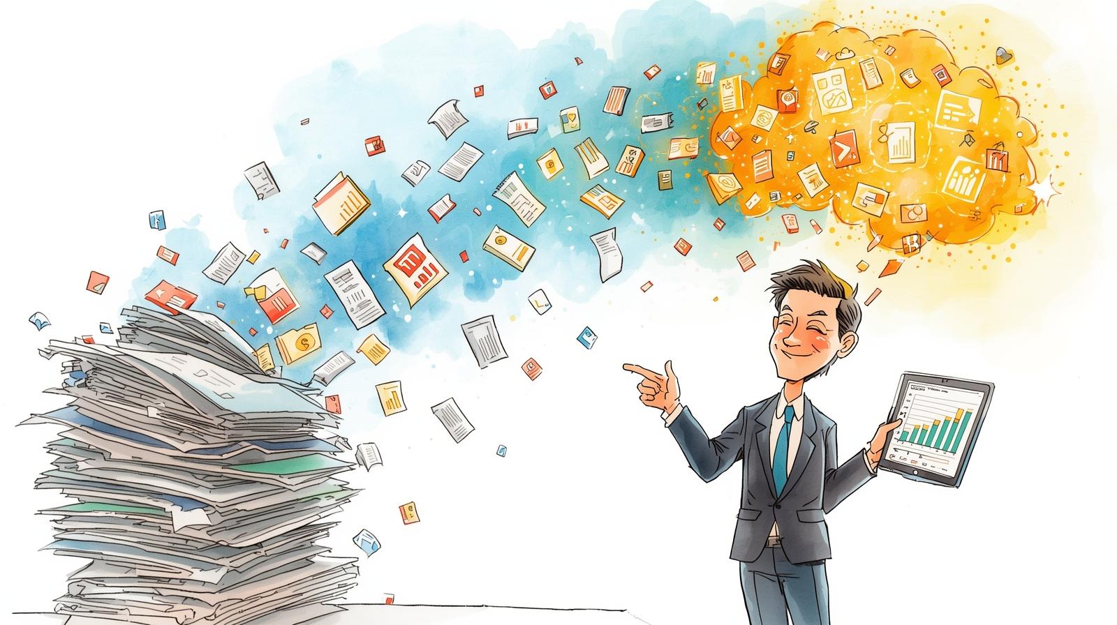 Dynamic Malaysian comic-style watercolor illustration of an office worker watching a large pile of paper receipts and invoices dissolve into digital files and icons that stream into a vibrant orange cloud, symbolizing the shift to cloud document storage.