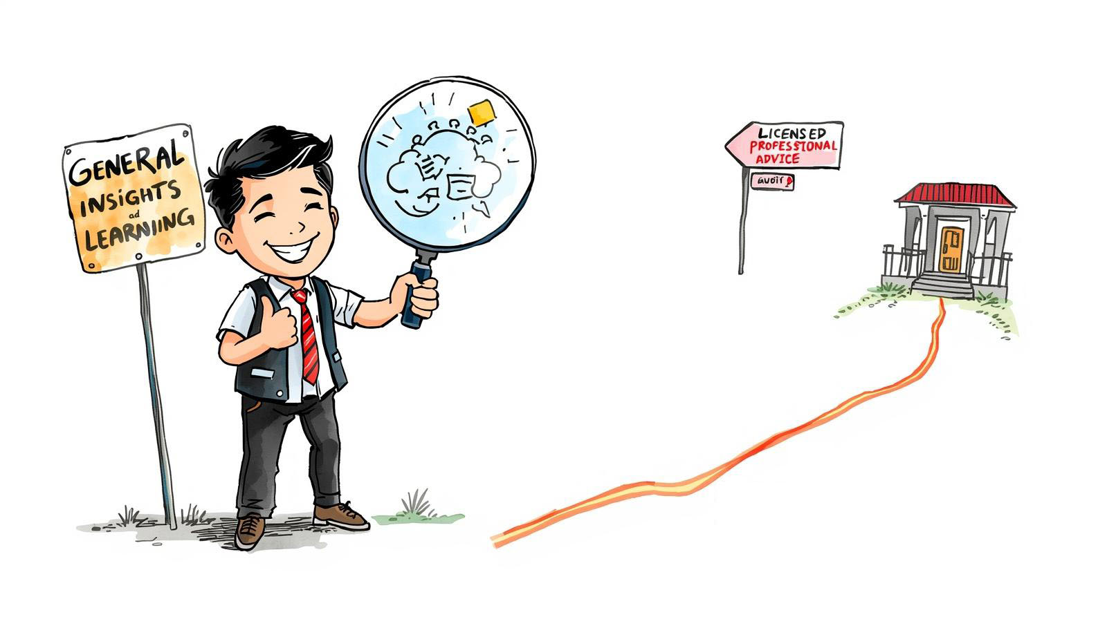 Watercolour sketch of a cheerful Malaysian consultant holding a magnifying glass over cloud data, standing by a sign for "General Insights & Learning," with a separate path leading to "Licensed Professional Advice.