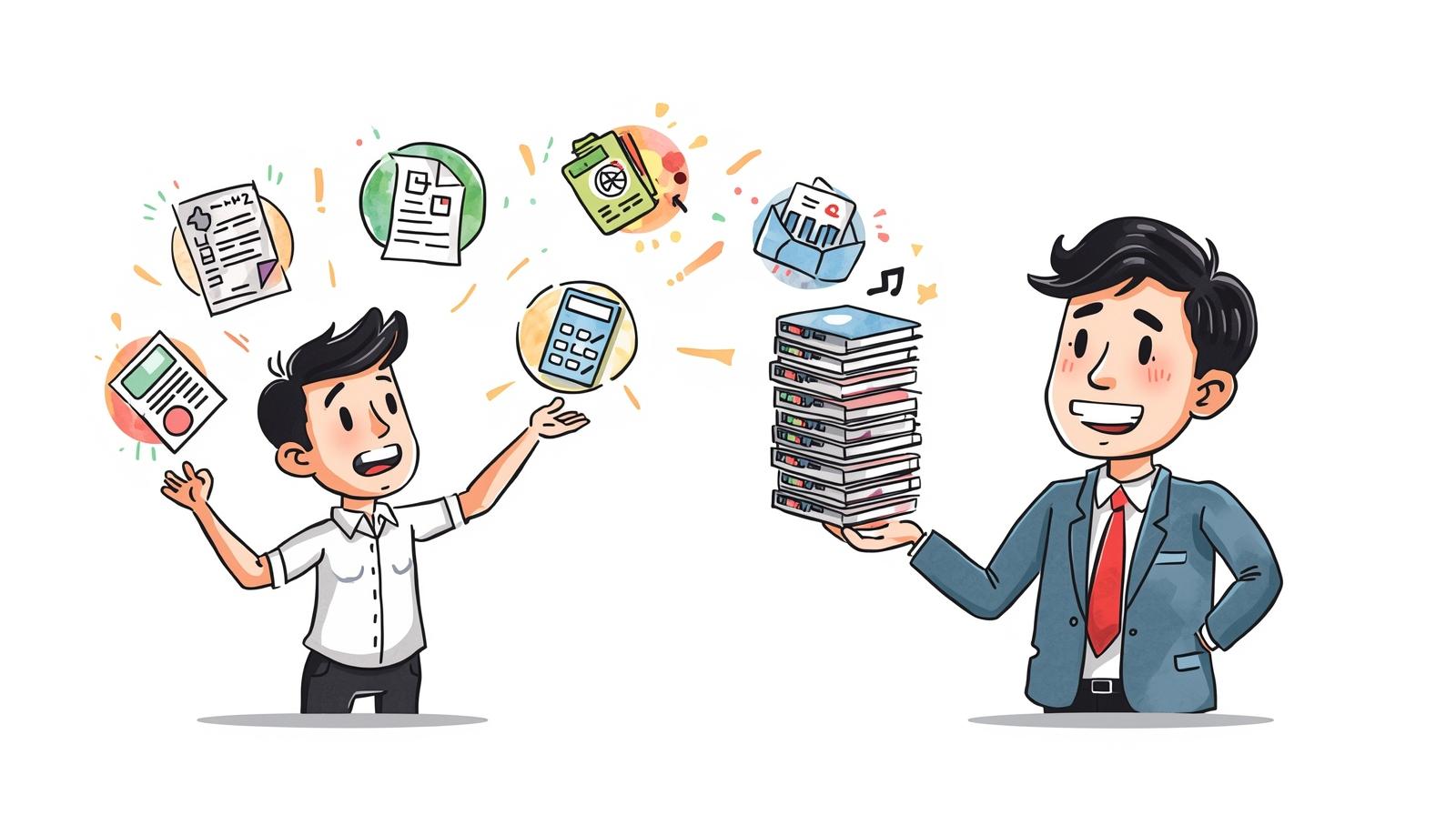 Malaysian comic-style illustration showing a client struggling to manage multiple accounting items, and a professional Personal Accountant taking the chaos and transforming it into a clear, single stack of compiled data.