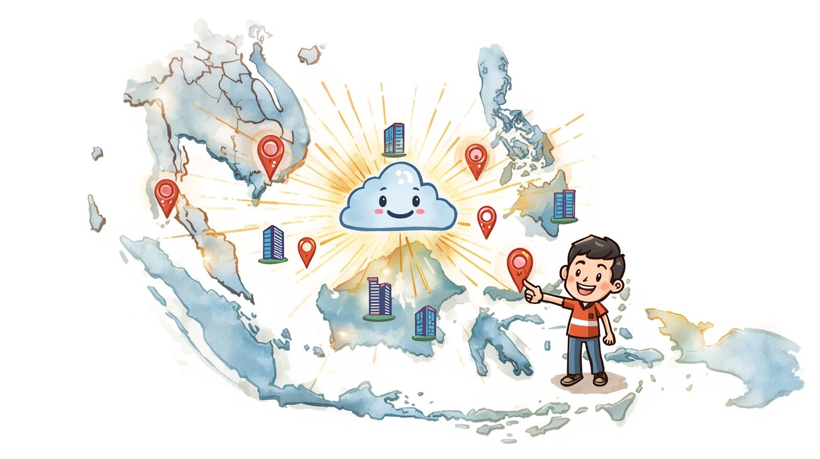 Watercolour map of Southeast Asia showing multiple office locations and pushpins connected by a smiling cloud icon, symbolizing a geographically flexible and digitally linked service.