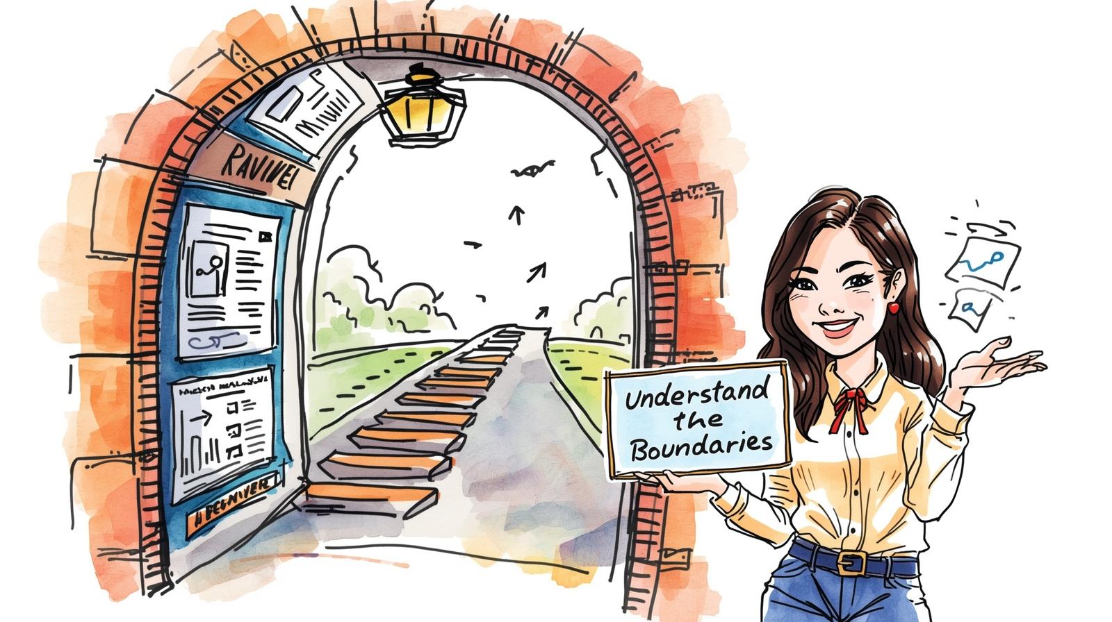 Malaysian comic-style illustration showing a consultant acting as a guide at an archway, which leads to a clear path of insights and learning, emphasising clarity and professional boundary setting.