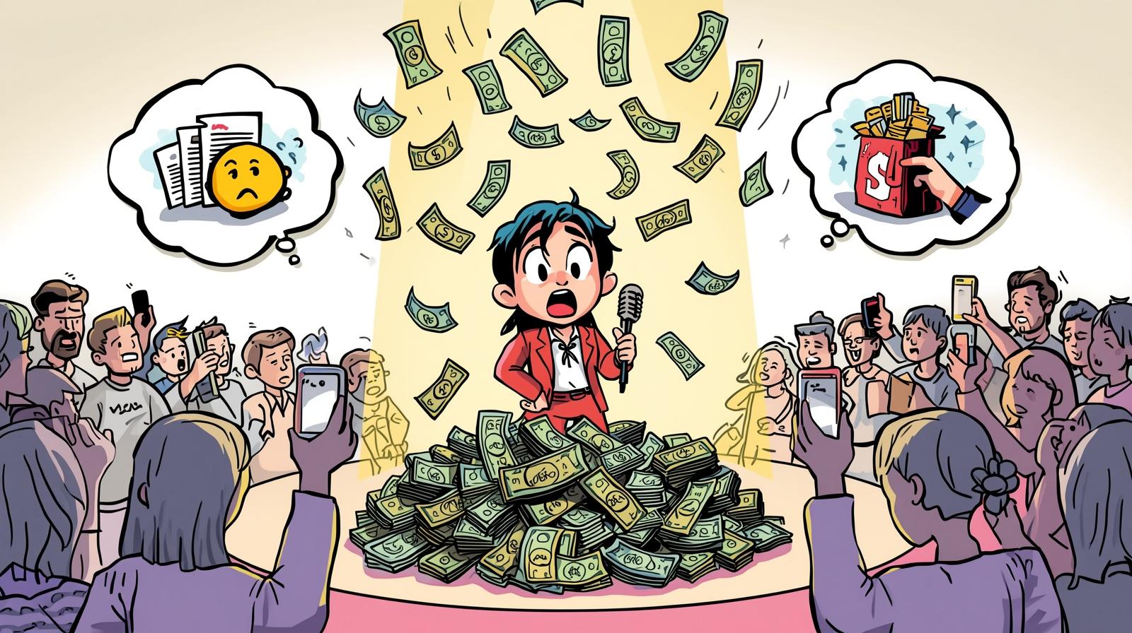 A colour sketch cartoon illustrating the 'Superstar' reality: a singer on stage is showered with money and fan attention, but has conflicting thought bubbles of financial stress (bills) and spending (luxury).