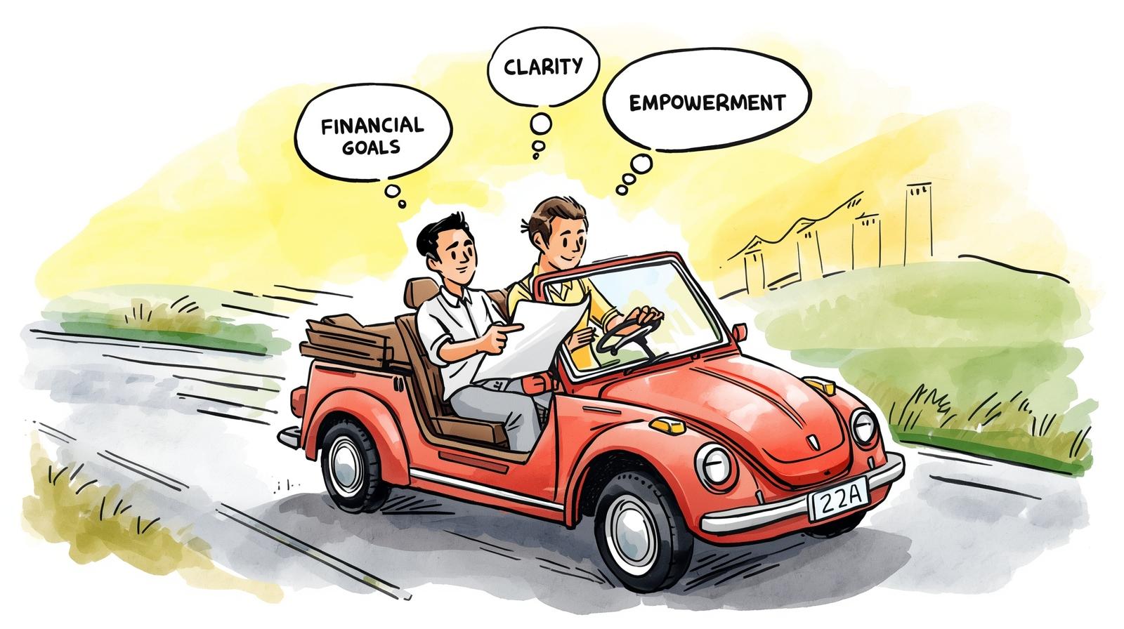 Dynamic Malaysian comic-style illustration showing a financial coach and client in a car, with thought bubbles showing their destination: Financial Goals, Clarity, and Empowerment, representing a shared, tailored journey.
